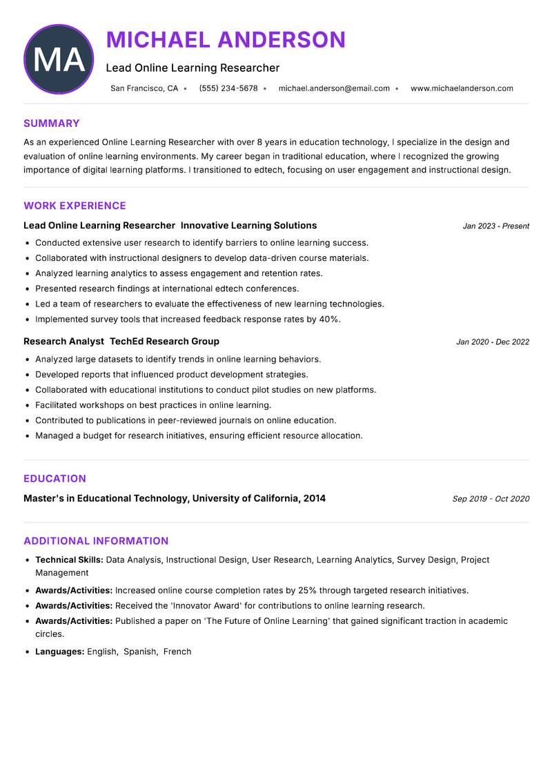 Online Learning Researcher Resume Preview Example