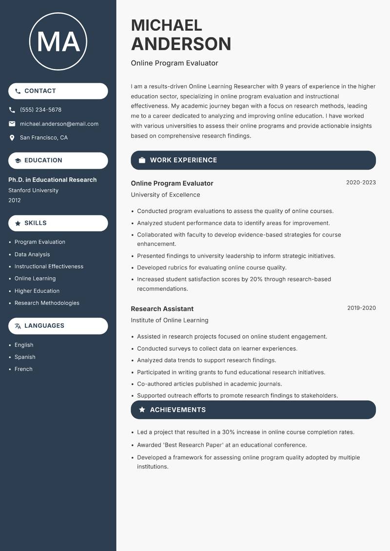 Online Learning Researcher Resume Preview Example