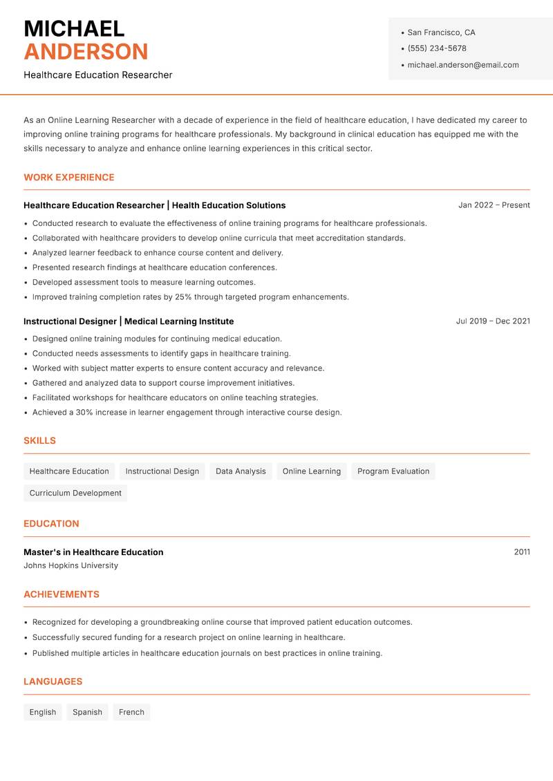 Online Learning Researcher Resume Template