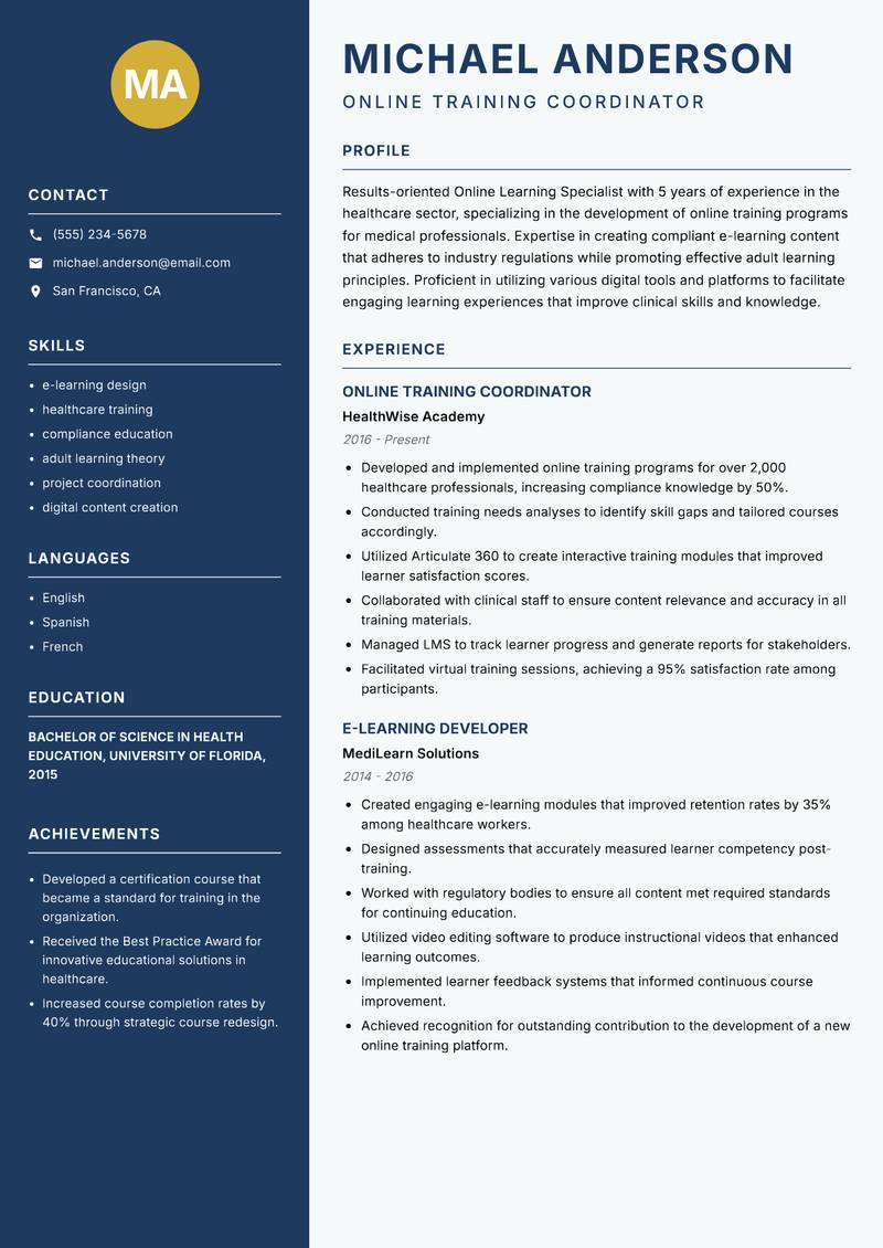 Online Learning Specialist Resume Preview Example