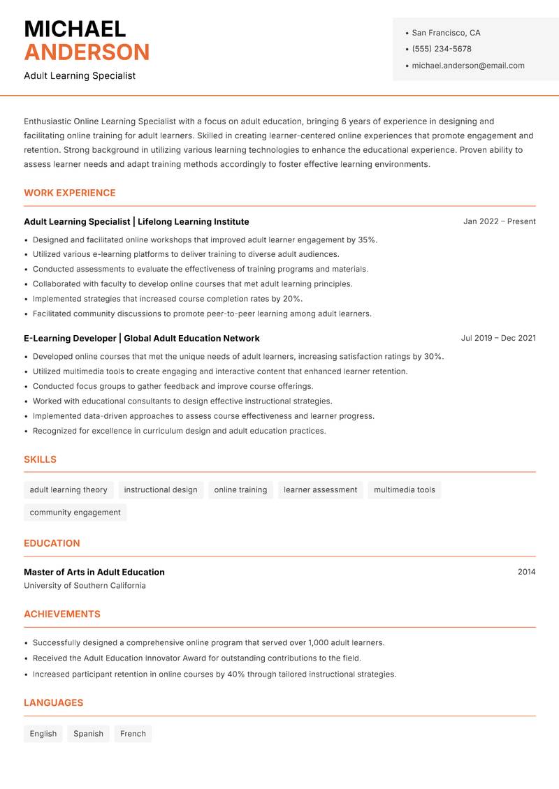 Online Learning Specialist Resume Template