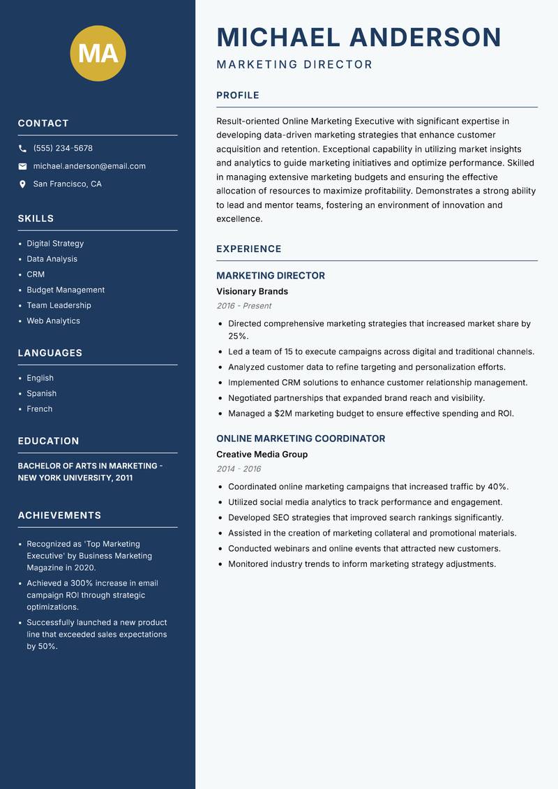 Online Marketing Executive Resume Preview Example