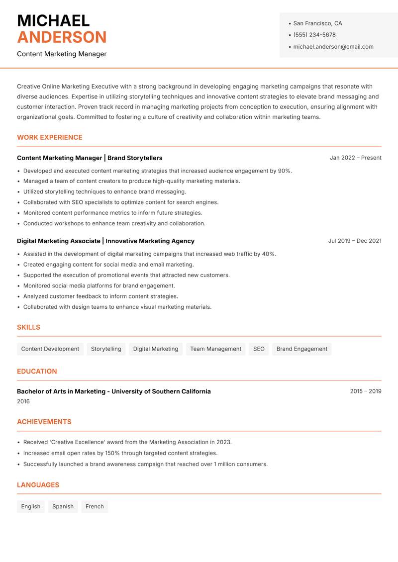 Online Marketing Executive Resume Template