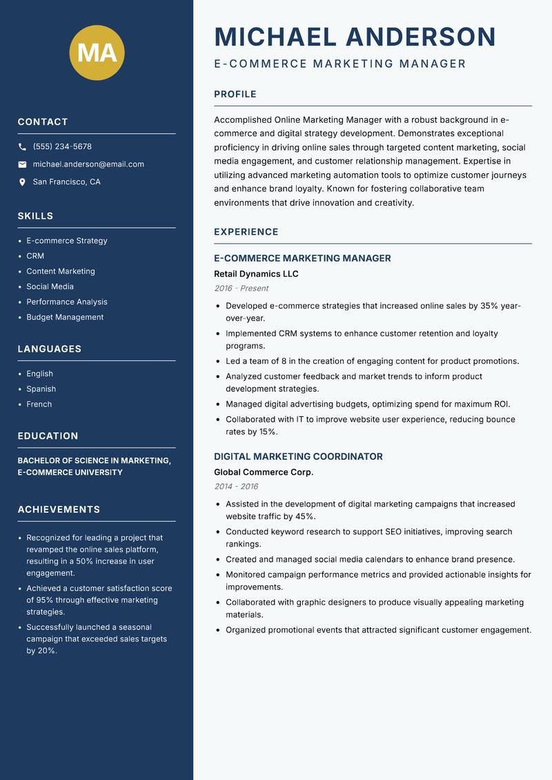 Online Marketing Manager Resume Preview Example