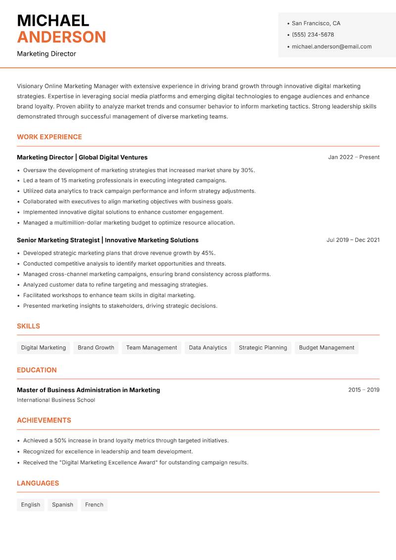 Online Marketing Manager Resume Template