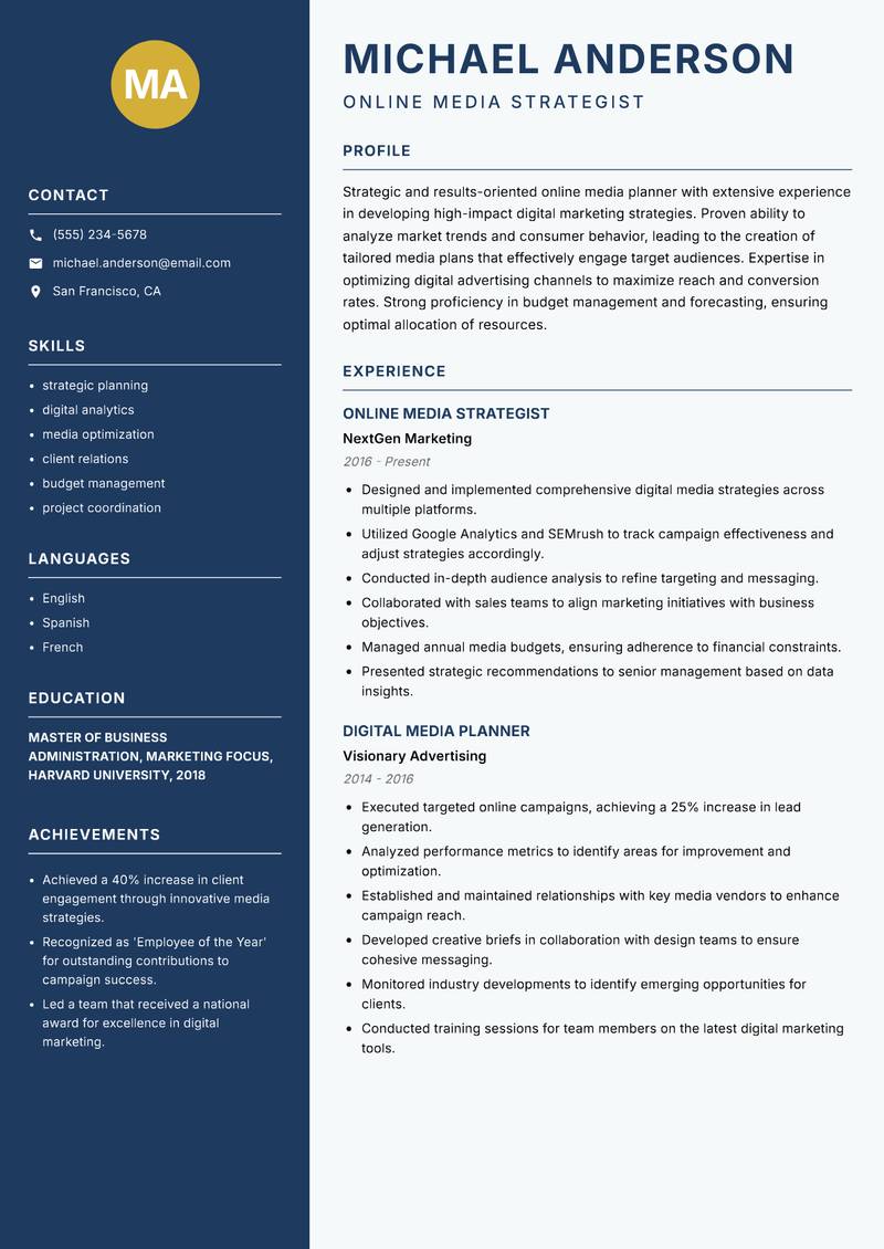 Online Media Planner Resume Preview Example