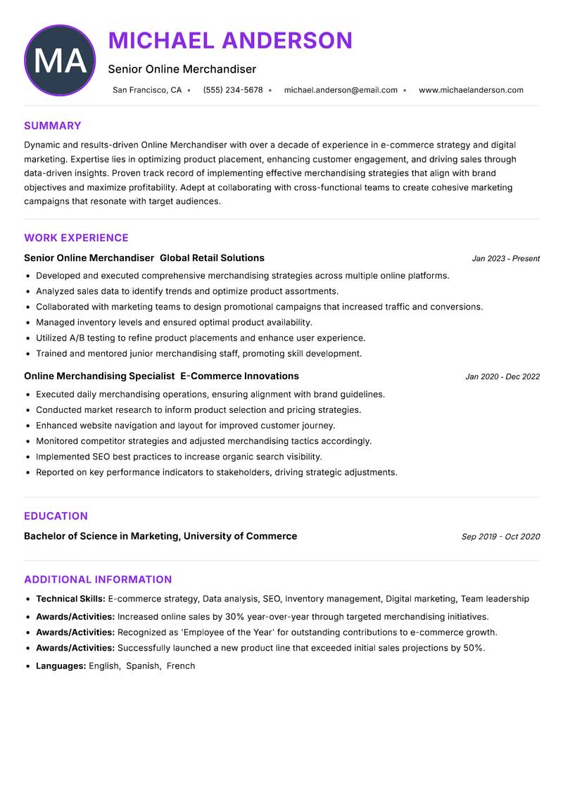 Online Merchandiser Resume Preview Example