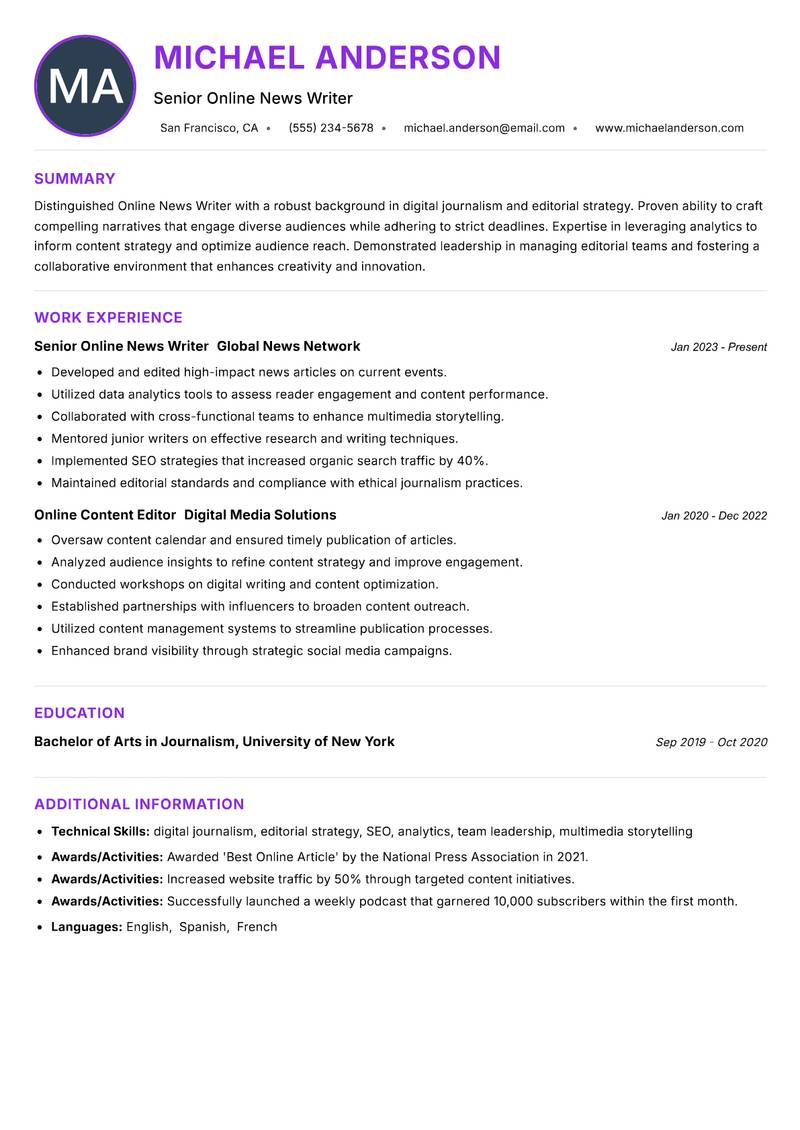 Online News Writer Resume Preview Example