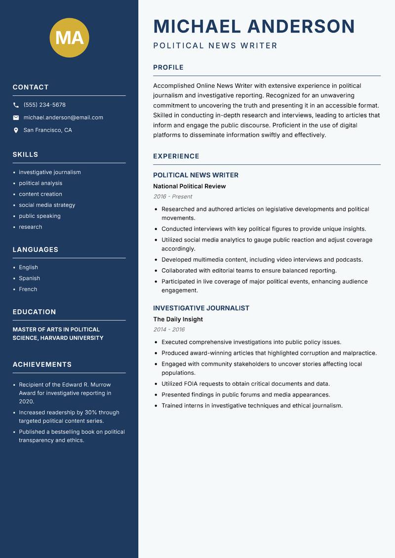 Online News Writer Resume Preview Example