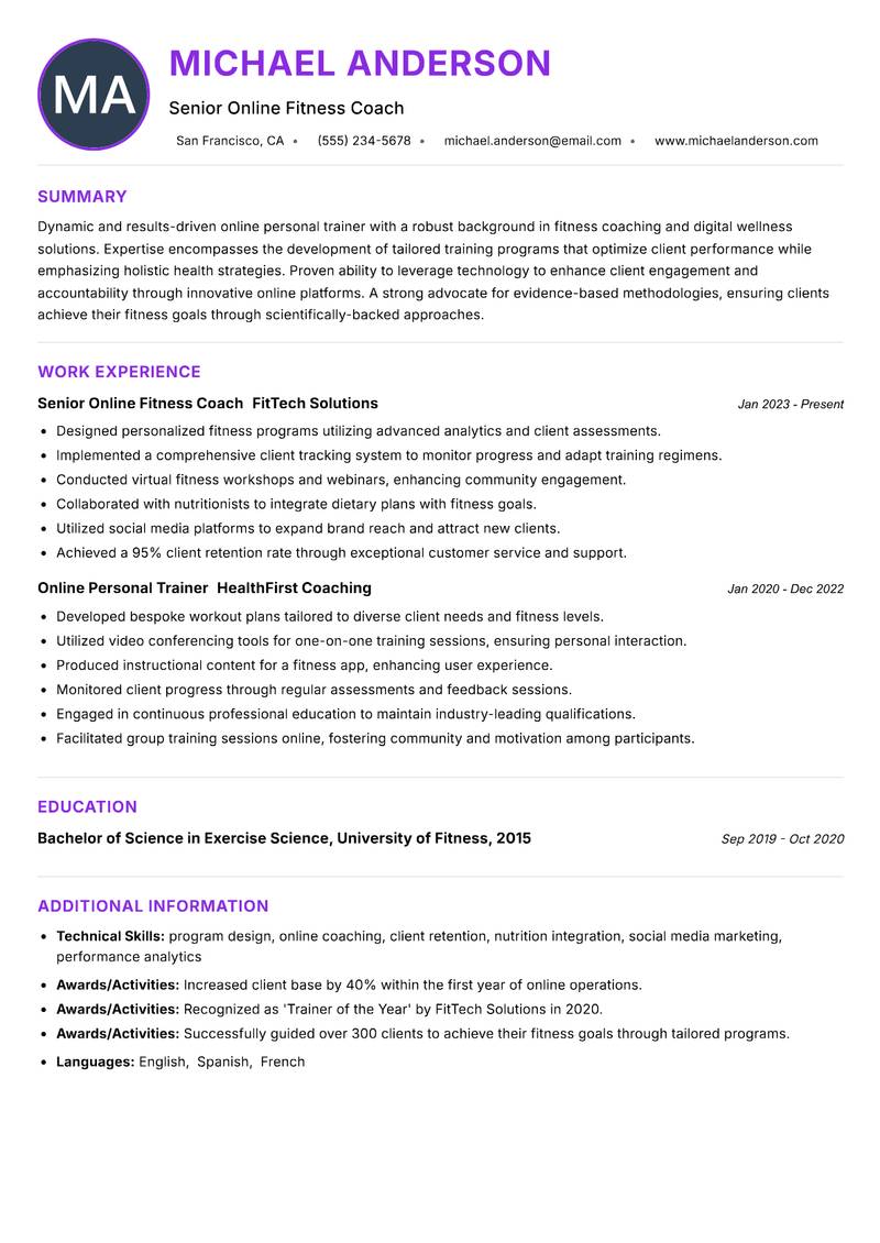Online Personal Trainer Resume Preview Example