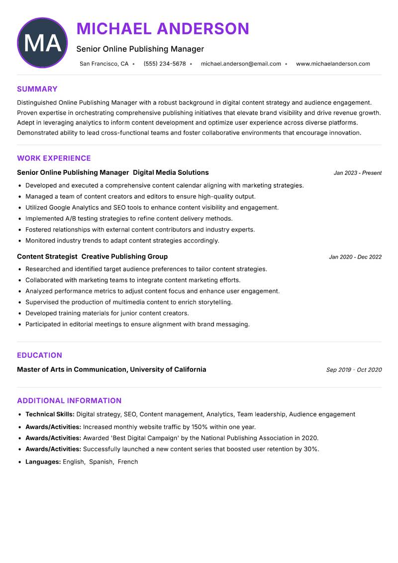 Online Publishing Manager Resume Preview Example