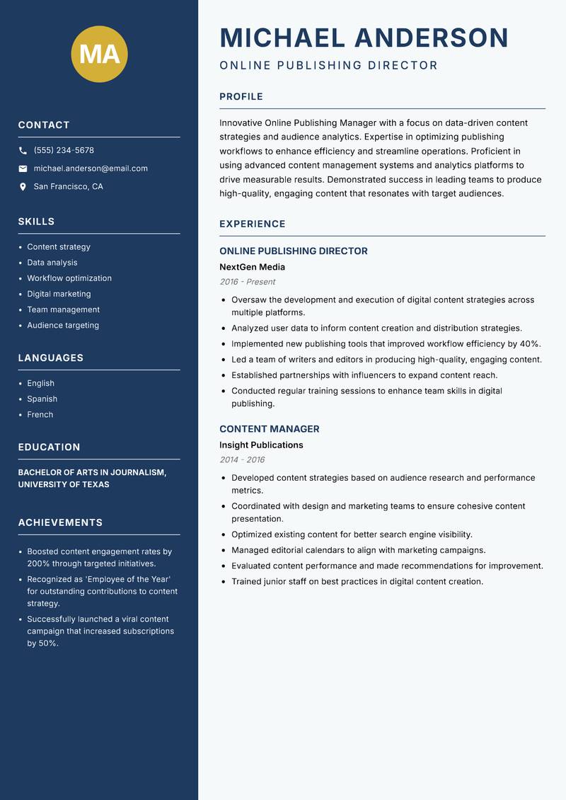 Online Publishing Manager Resume Preview Example