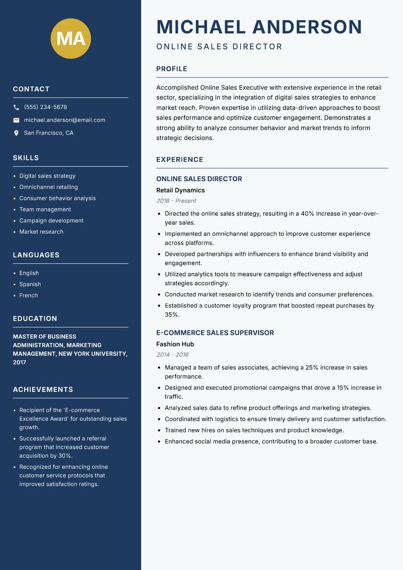 Online Sales Executive Resume Preview Example