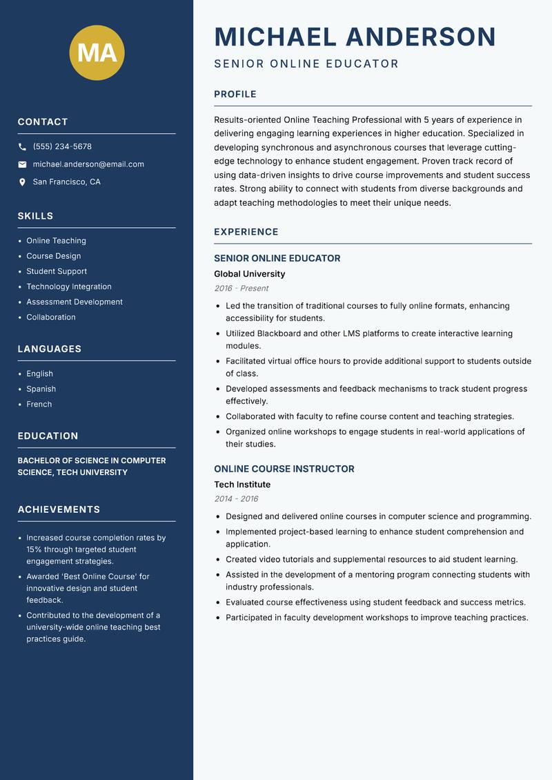 Online Teaching Professional Resume Preview Example