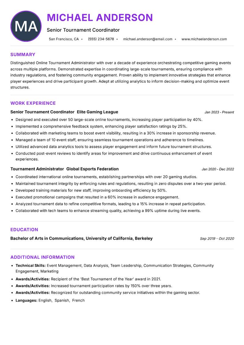 Online Tournament Administrator Resume Preview Example