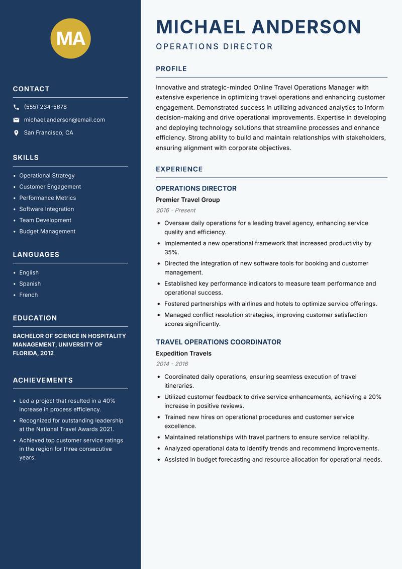 Online Travel Operations Manager Resume Preview Example