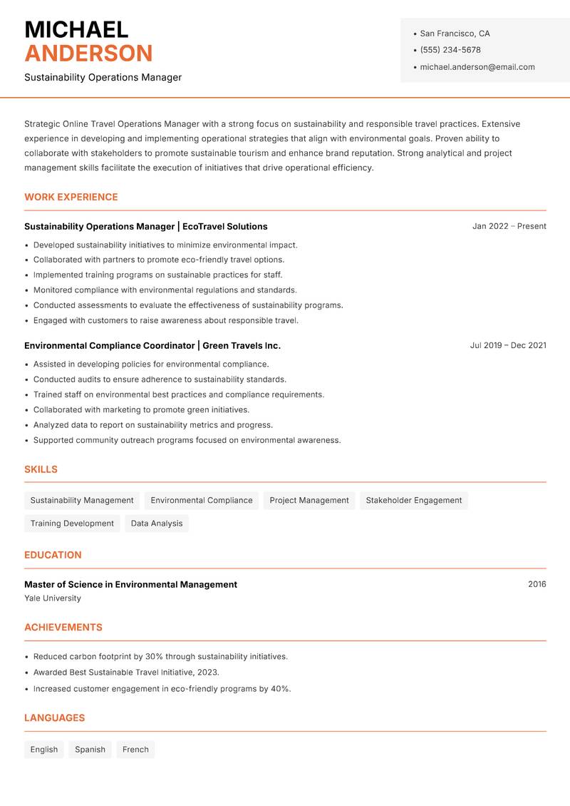 Online Travel Operations Manager Resume Template