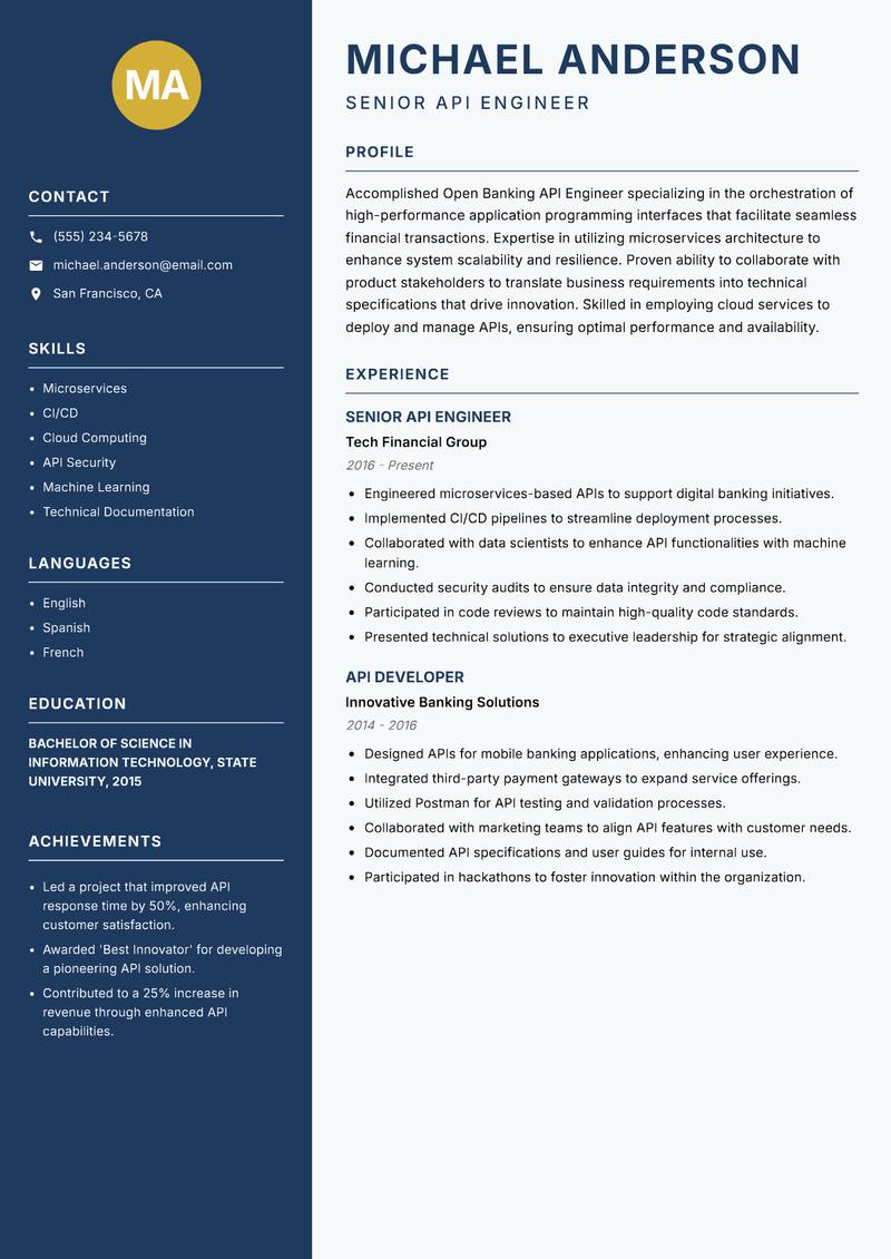Open Banking API Engineer Resume Preview Example
