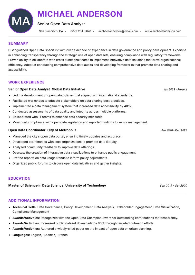 Open Data Specialist Resume Preview Example