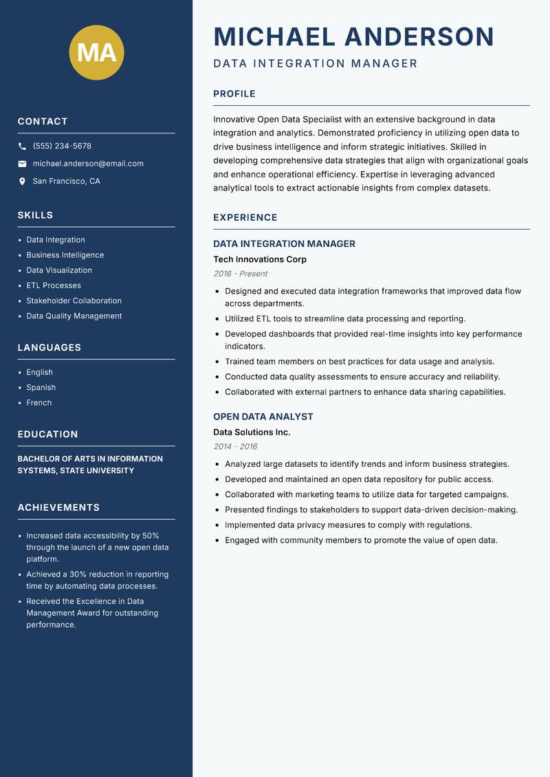 Open Data Specialist Resume Preview Example