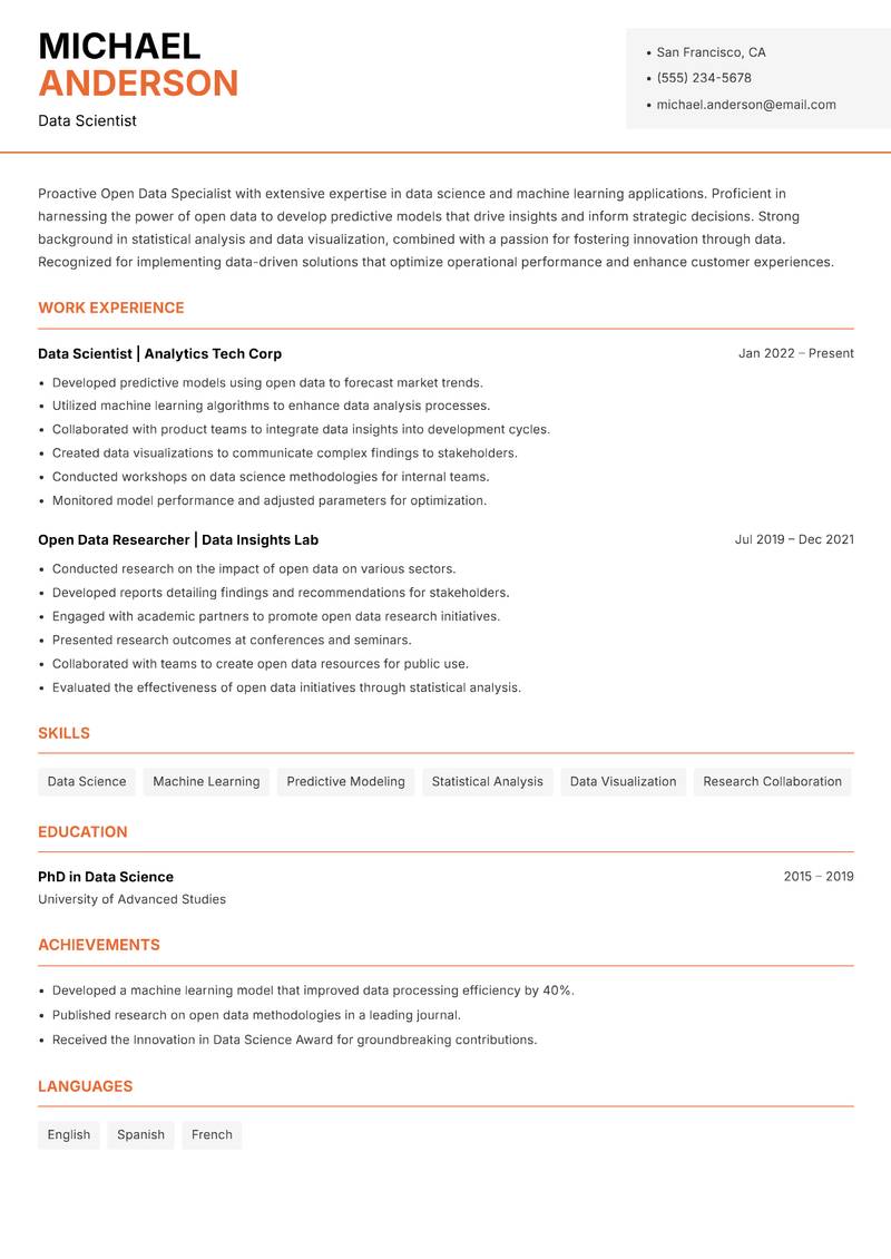 Open Data Specialist Resume Template