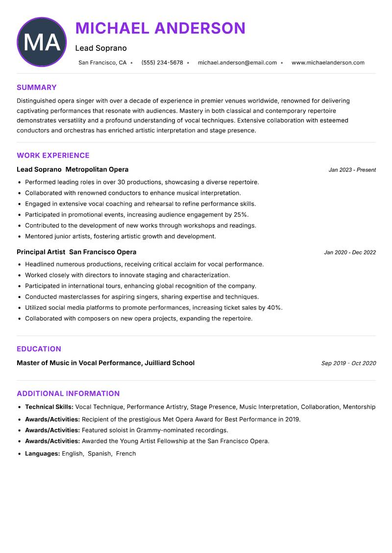Opera Singer Resume Preview Example