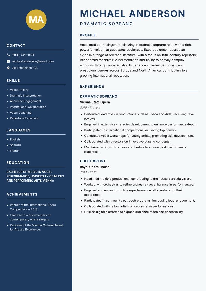 Opera Singer Resume Preview Example