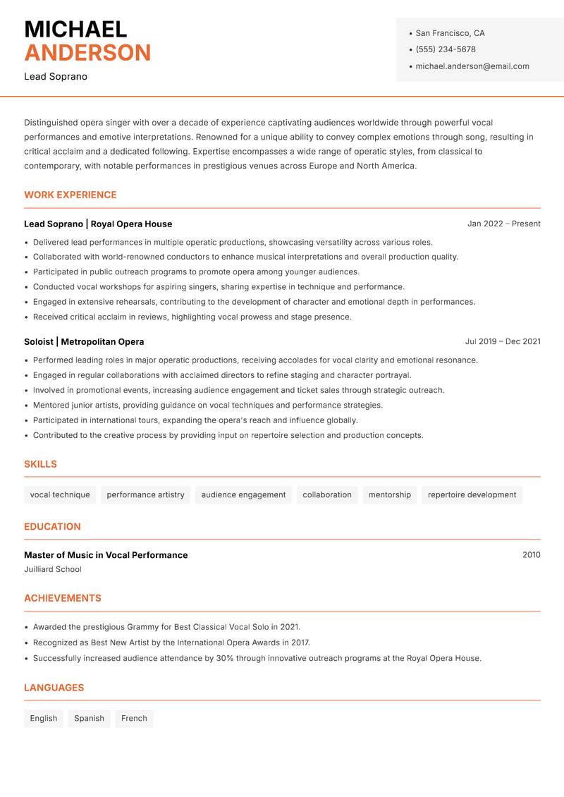 Opera Singer Resume Template