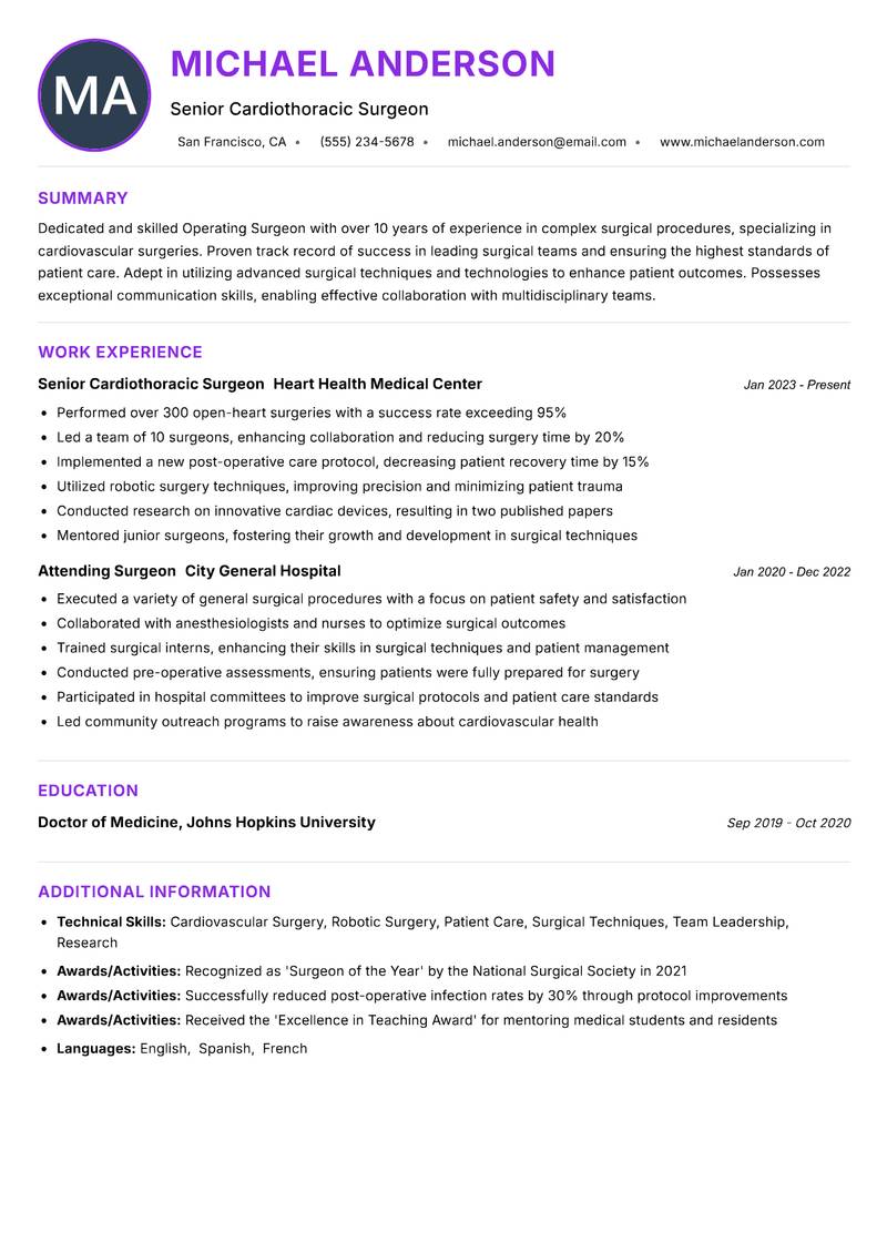 Operating Surgeon Resume Preview Example