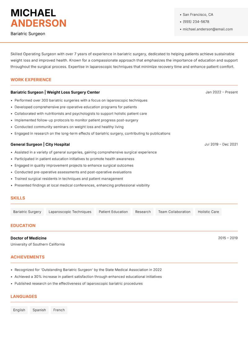 Operating Surgeon Resume Template