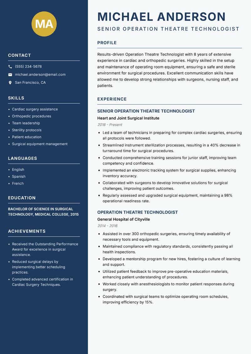 Operation Theatre Technologist Resume Preview Example