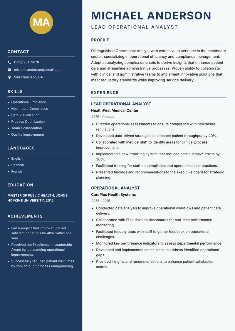 Operational Analyst Resume Preview Example