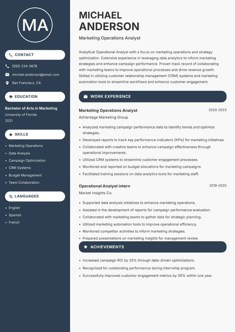 Operational Analyst Resume Preview Example