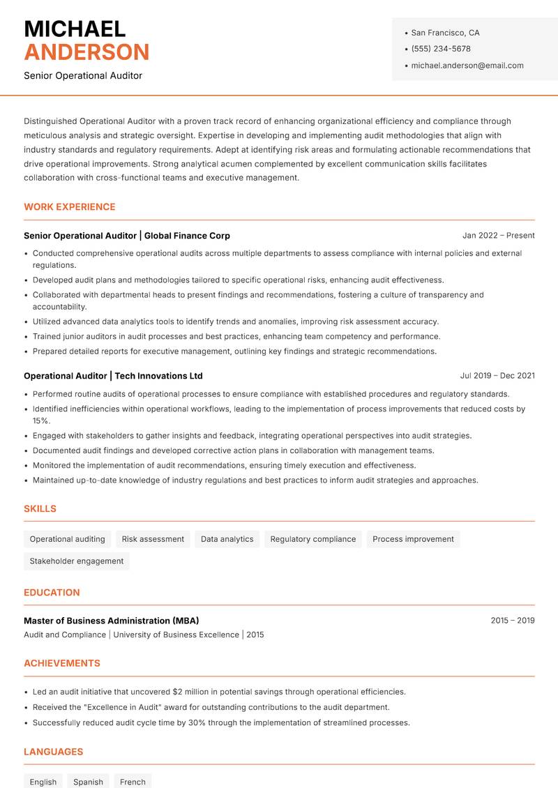 Operational Auditor Resume Template