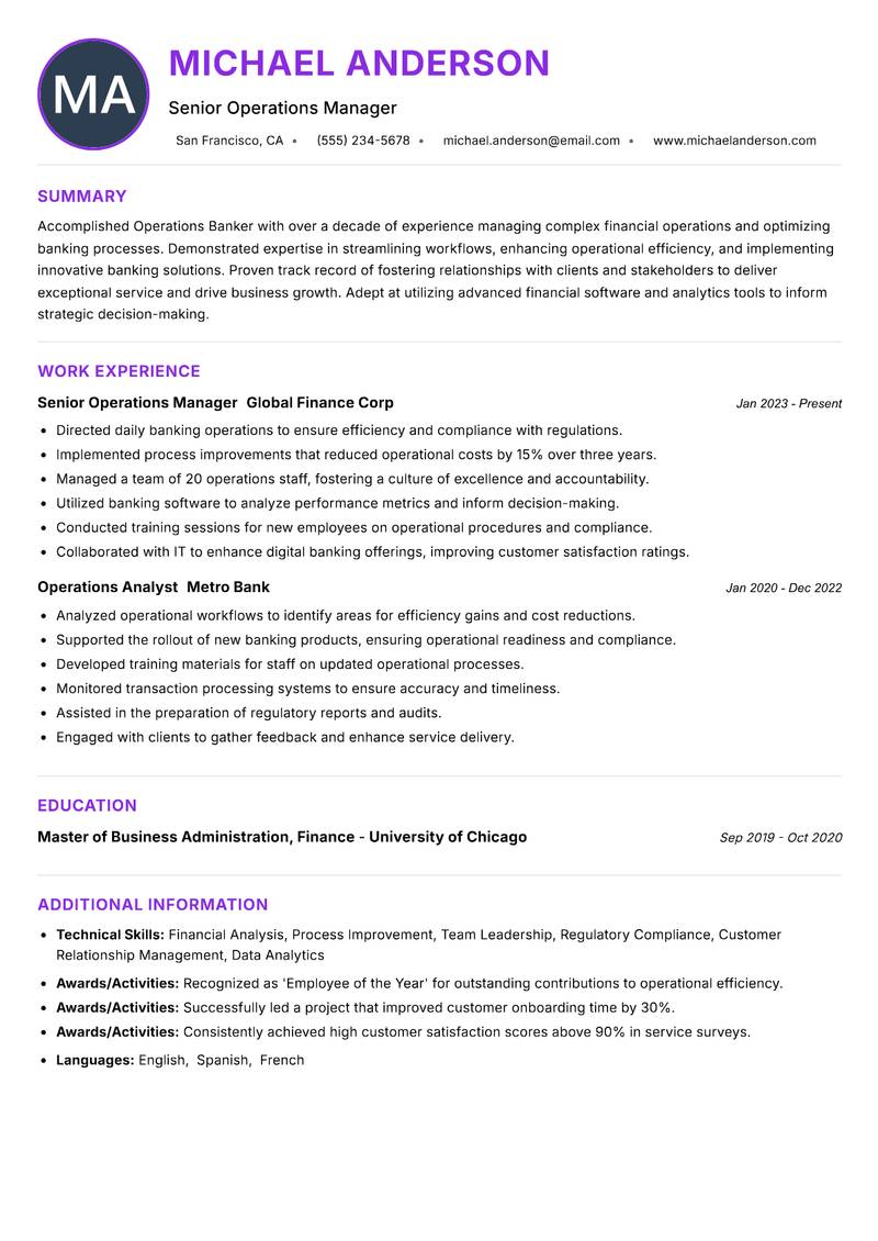 Operations Banker Resume Preview Example
