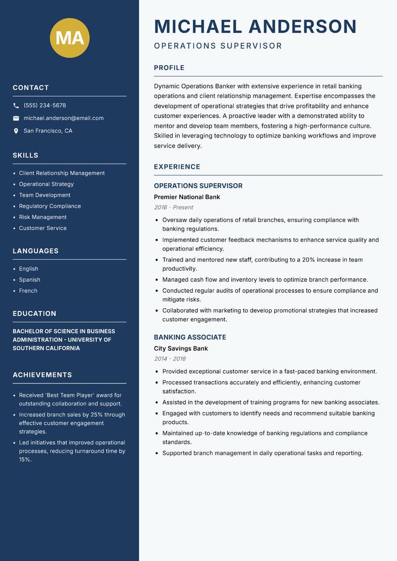 Operations Banker Resume Preview Example
