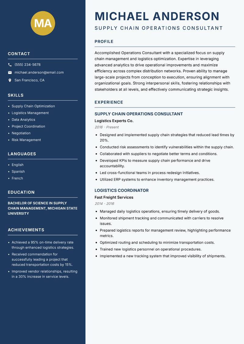 Operations Consultant Resume Preview Example