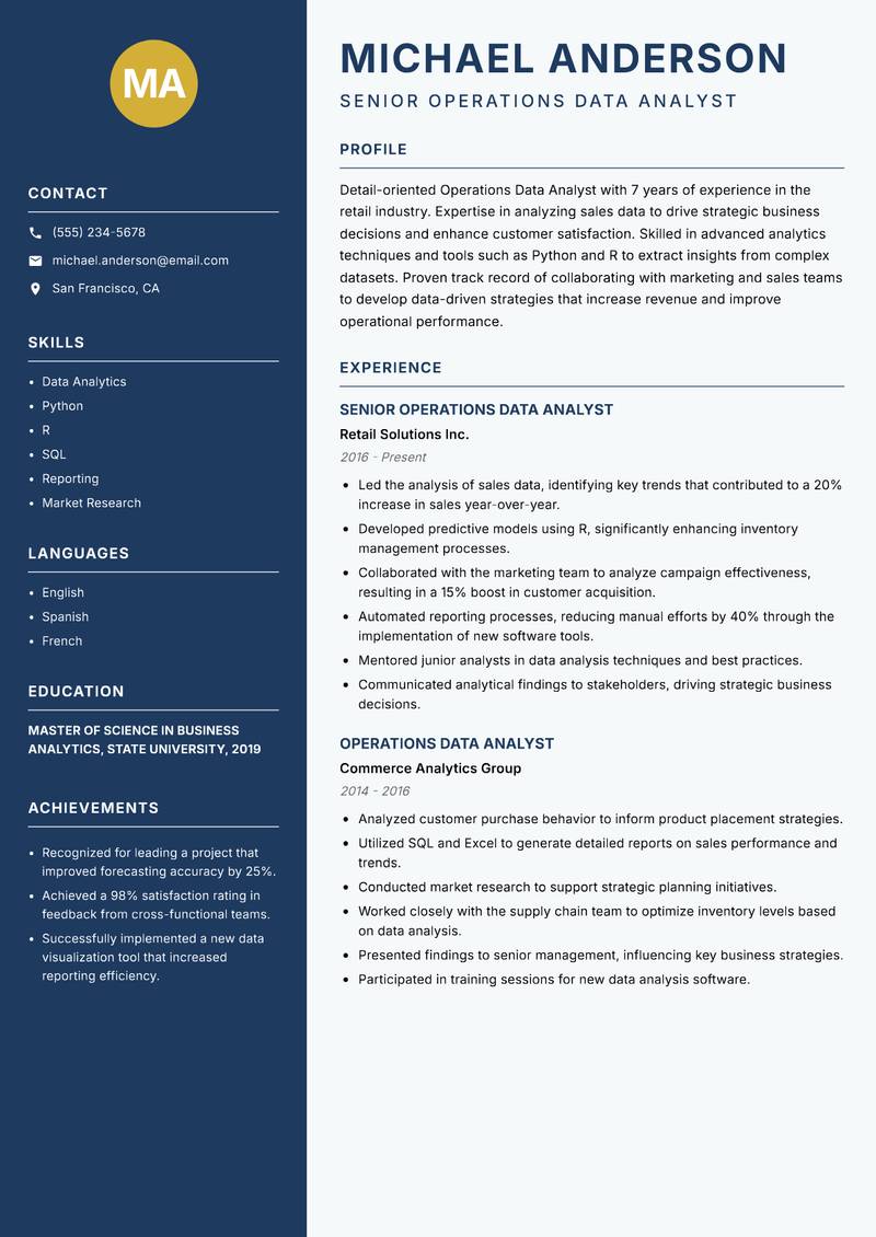 Operations Data Analyst Resume Preview Example