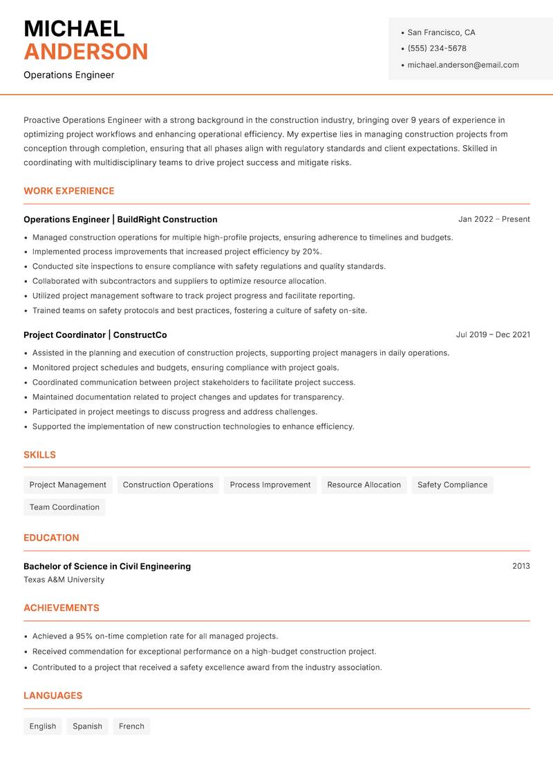 Operations Engineer Resume Template