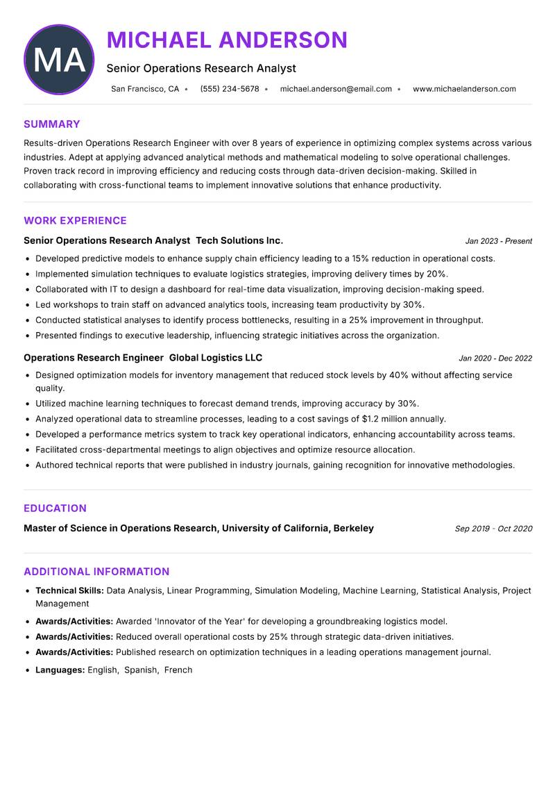 Operations Research Engineer Resume Preview Example