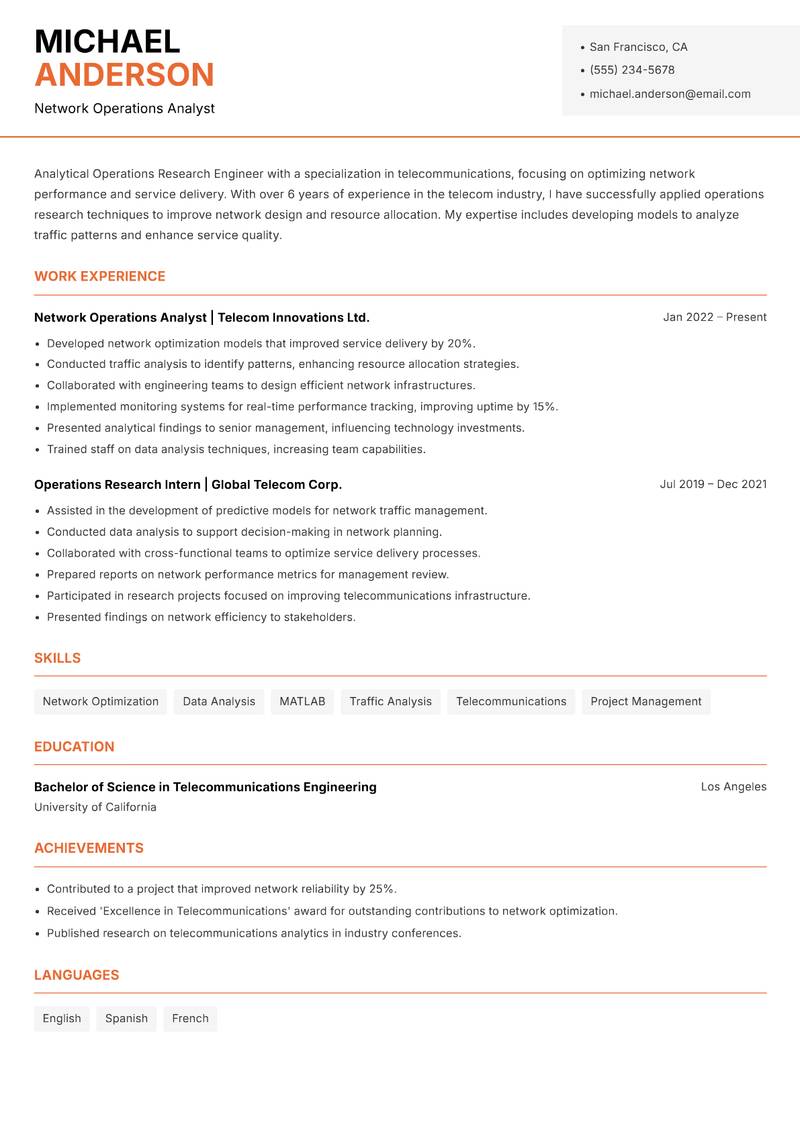 Operations Research Engineer Resume Template