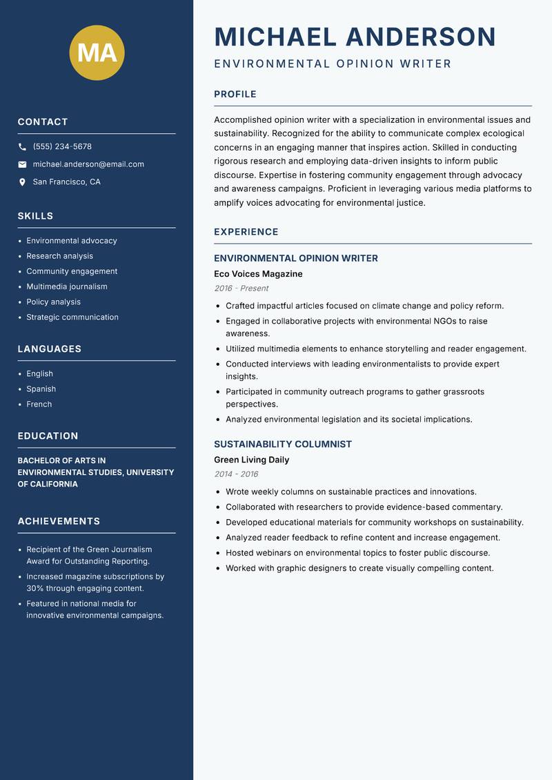 Opinion Writer Resume Preview Example