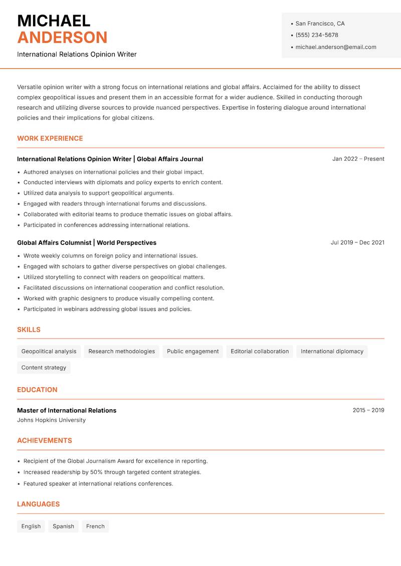 Opinion Writer Resume Template