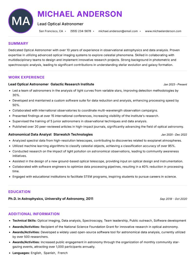 Optical Astronomer Resume Preview Example