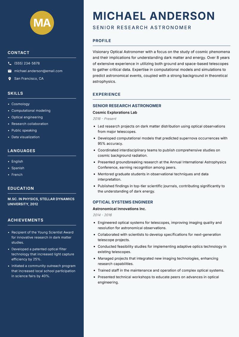 Optical Astronomer Resume Preview Example