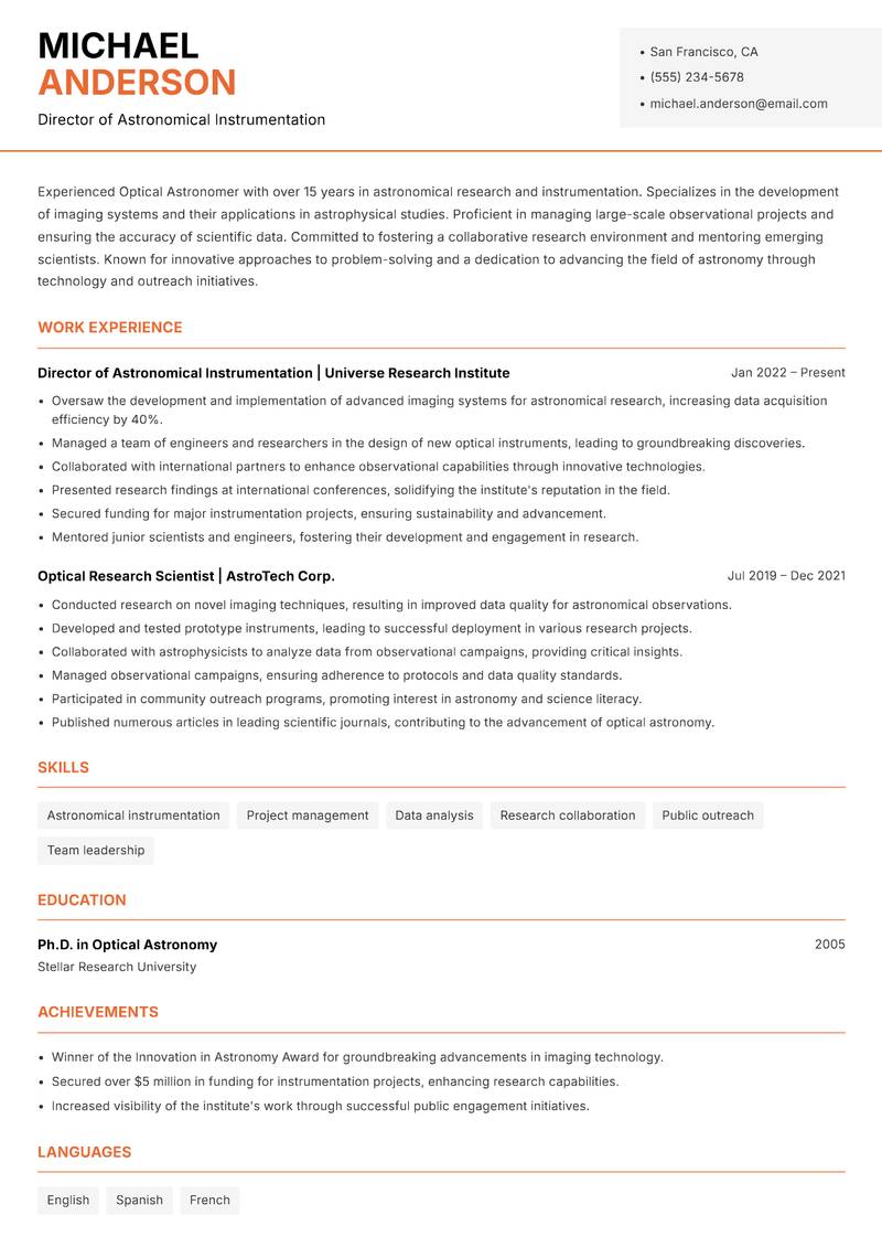 Optical Astronomer Resume Template