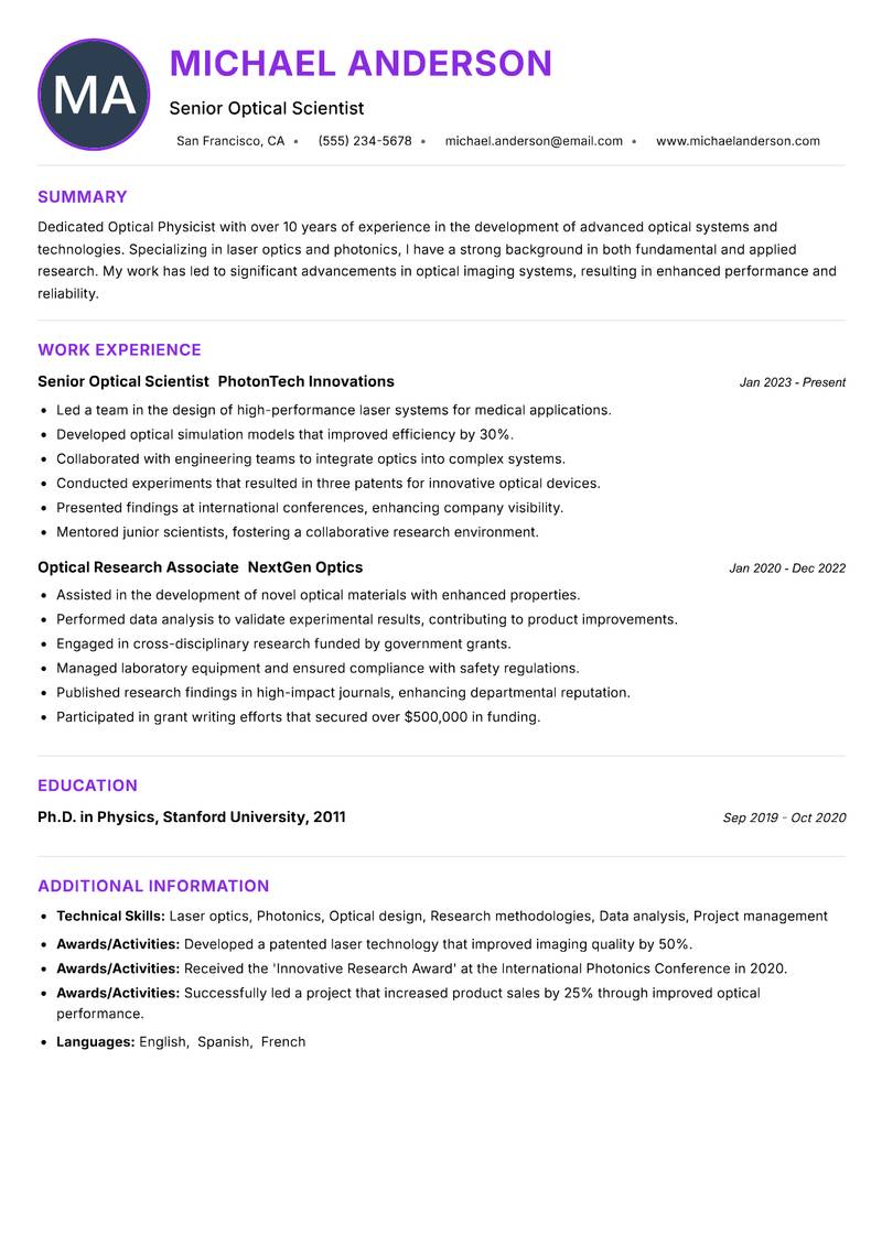 Optical Physicist Resume Preview Example
