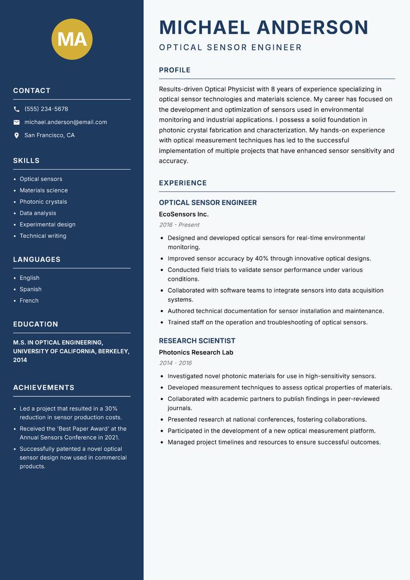 Optical Physicist Resume Preview Example