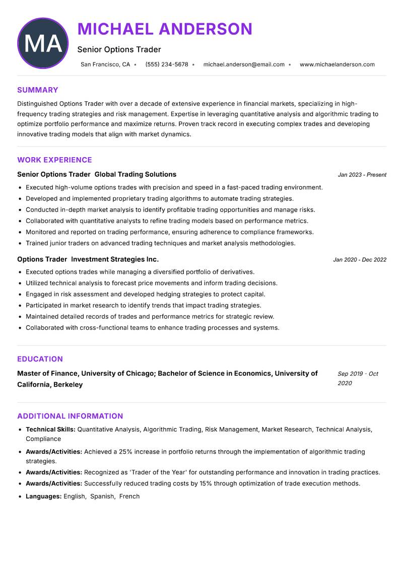 Options Trader Resume Preview Example