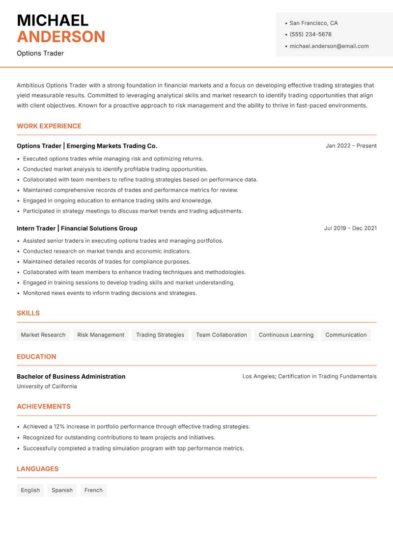 Options Trader Resume Template